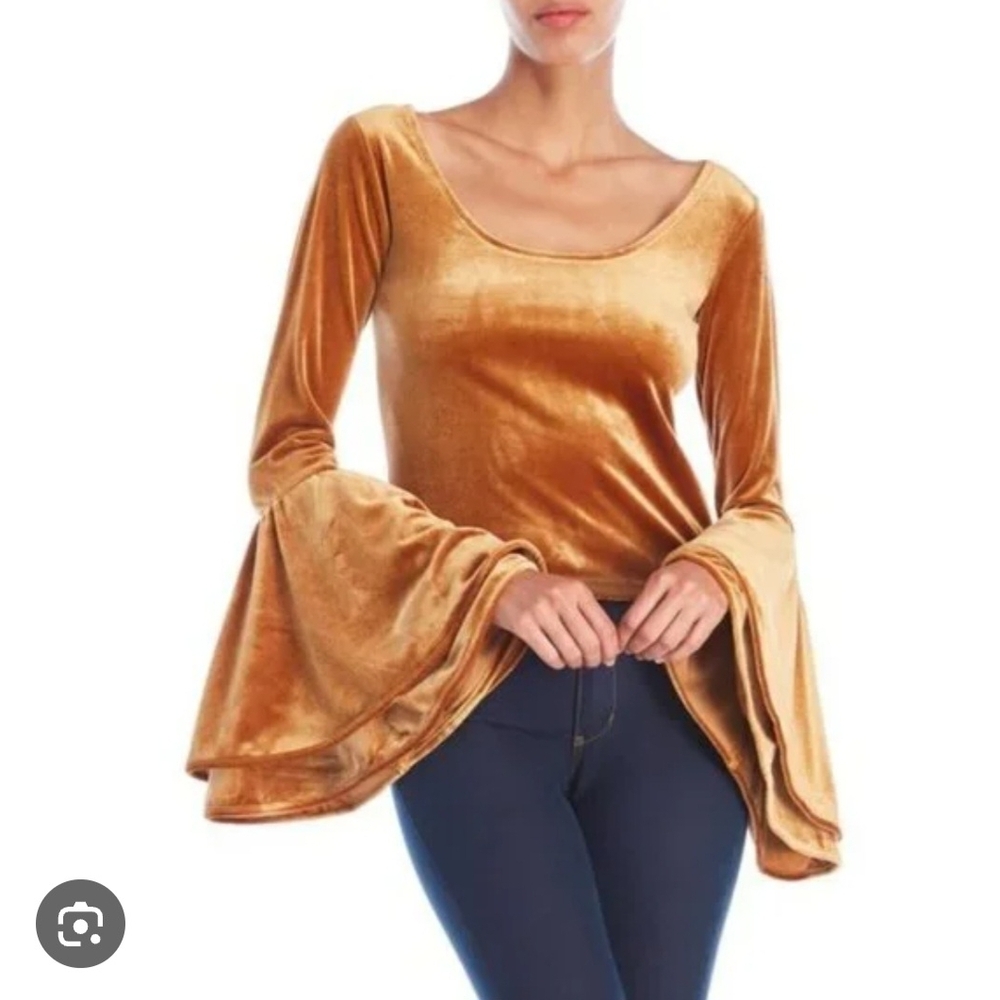 $183 TORN BY RONNY KOBO Gold Velvet Bell Sleeve Holiday Blouse/top/sweater S